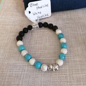 Blue and White Howlite Beaded Elephants Bracelet With Lava Beads Size Large